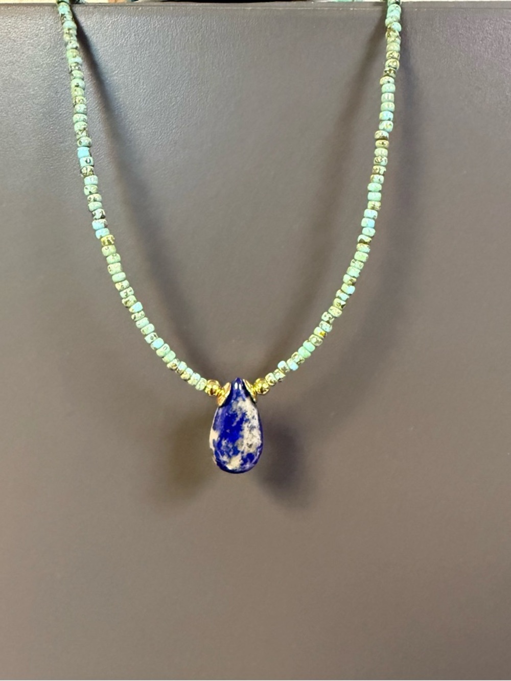 Handmade Amazonite Beads Necklace with Blue Lapis Teardrop